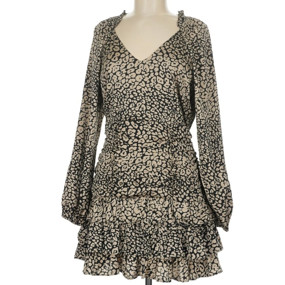 Skies Are Blue Leopard Print‎ Ruched Tiered Ruffle Mini Dress Tan Black Womens L